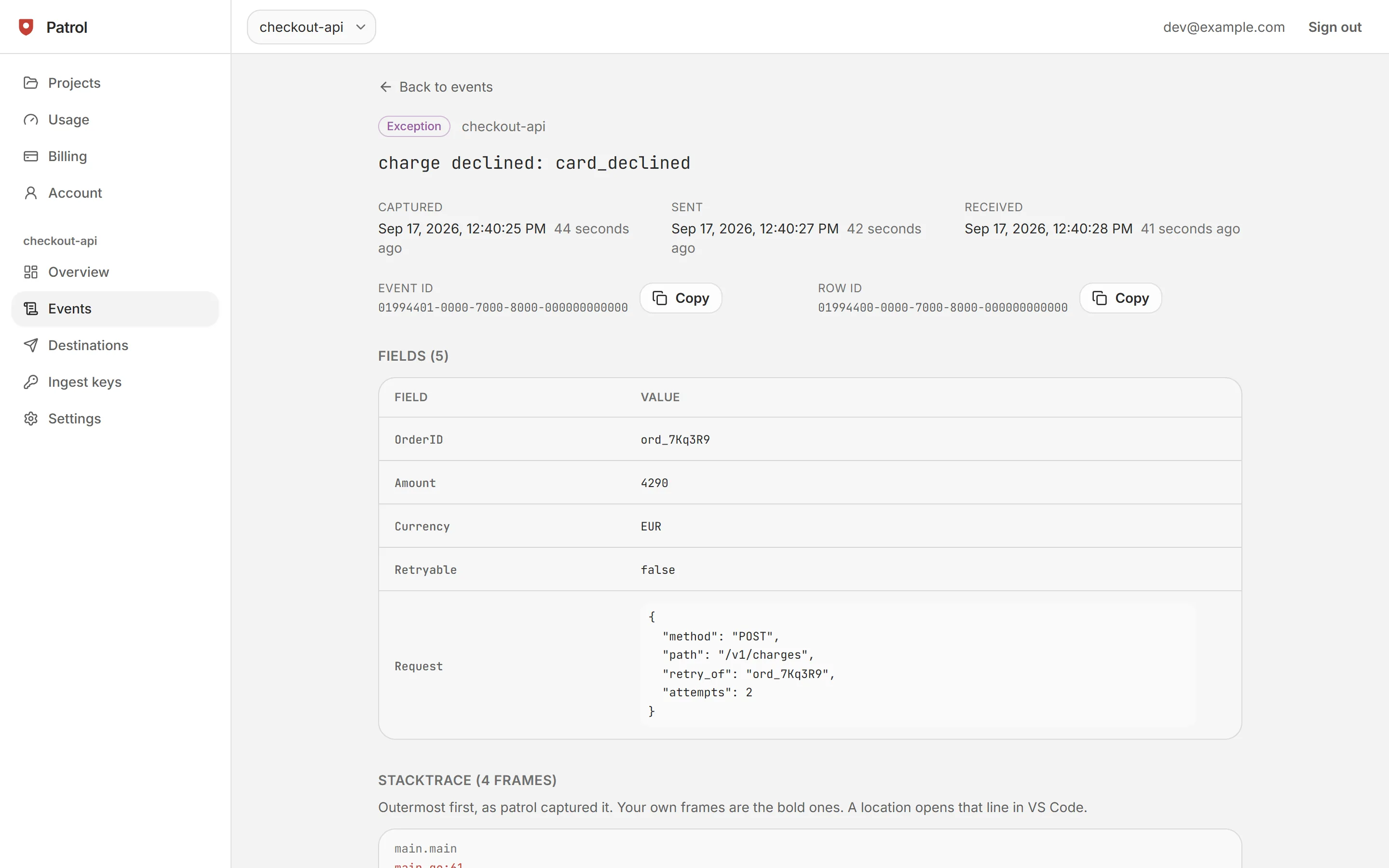 One event in the Patrol Cloud console: a declined charge with its captured, sent and received times, five fields including the request as JSON, and the start of a four frame stacktrace.