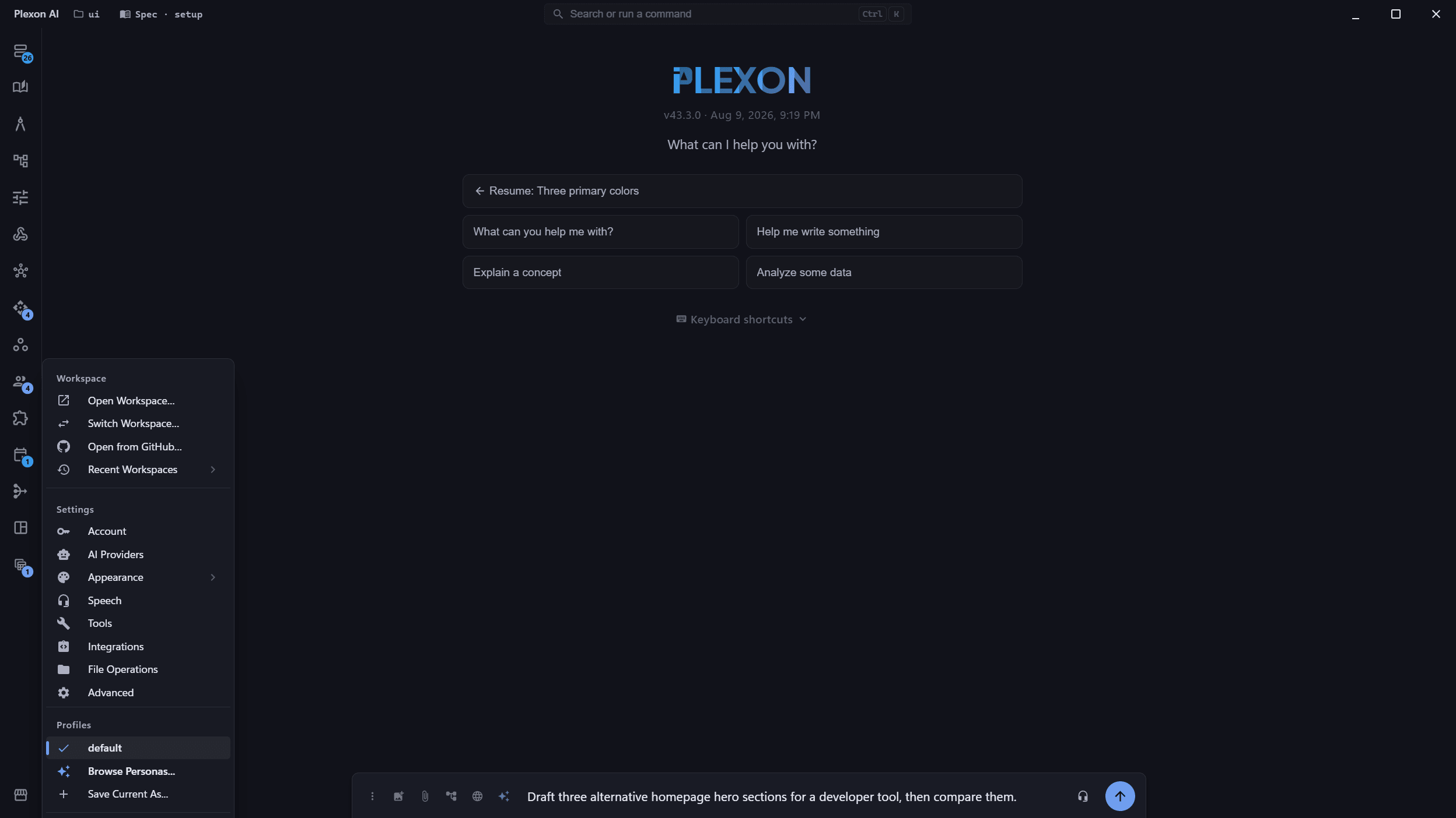 The Plexon AI home screen: a prompt box, four suggested starts, and the workspace, settings and profile menu open on the left.